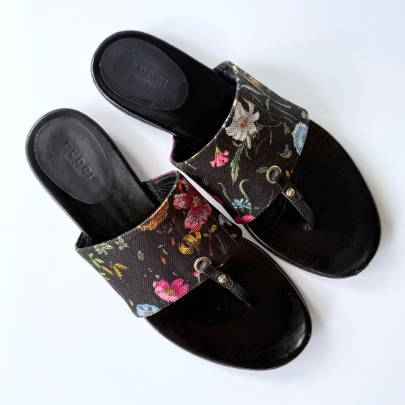 Gucci Flora Print Nero Black Canvas & Leather Slide Thong Sandals Size 7.5 - Picture 1 of 16